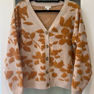 Garnet Hill Iris Cashmere Floral Cardigan in Oat & Turmeric, Size M